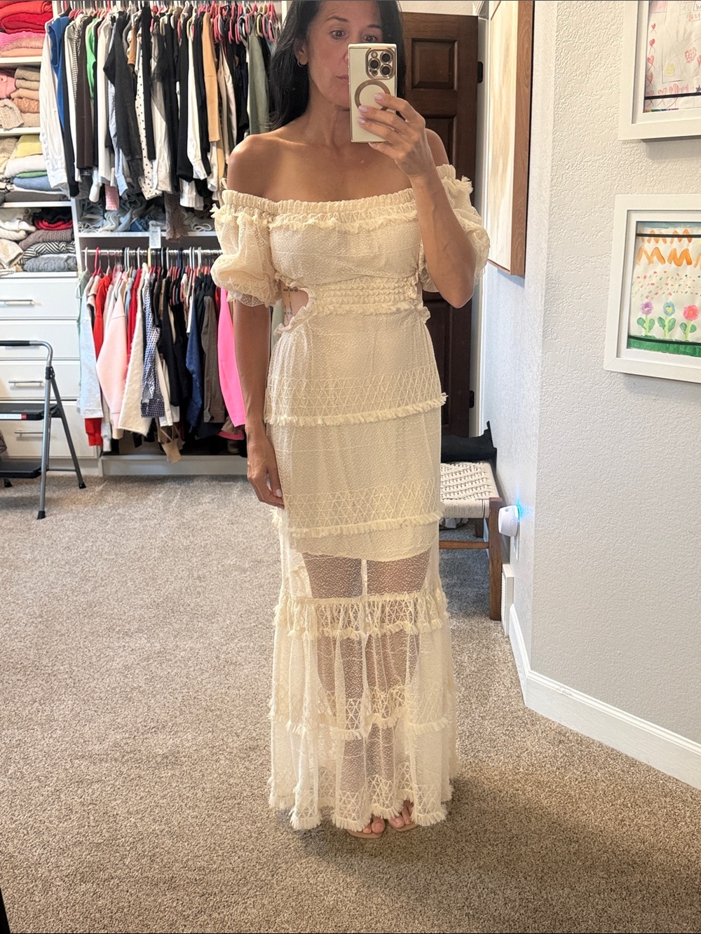 Vici Cream Off-Shoulder Lace Maxi Dress